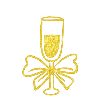 Glittering Gold Champagne Flute With Bow Icon On Transparent Background. Ideal For Festive Party Decorations, Celebrations or Event