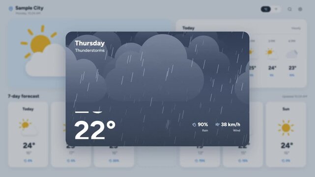 Weather app interface with 7-day forecast card expanding into thunderstorm alert with heavy rain warning