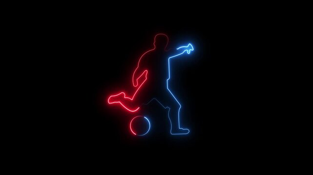 Neon soccer player kicking ball glowing in dark blue and red light illustration vector design