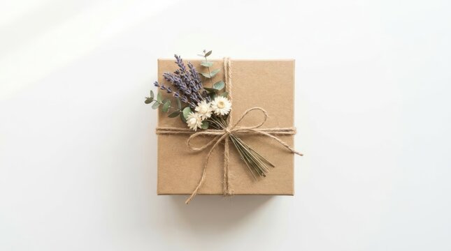 Gift box wrapped in kraft paper with dried flowers.