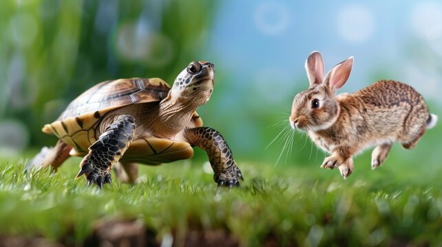 A turtle and rabbit in a vibrant nature scene showcasing the contrast between slow and fast movement in wildlife