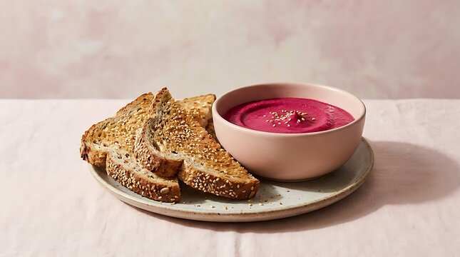 A bowl of fresh red beet soup with slices of hearty whole grain bread on a simple ceramic plate. dip and toast combo