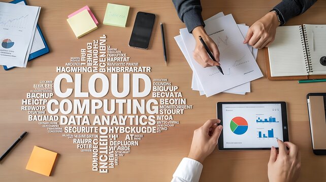 Top View of Business People Working on Office Desk with Cloud Computing and Data Analytics Word Cloud Concept