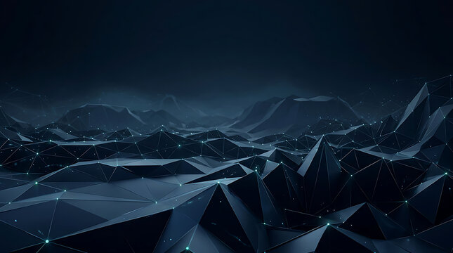 Abstract dark blue low poly landscape with glowing nodes and connected lines representing digital technology and data networks
