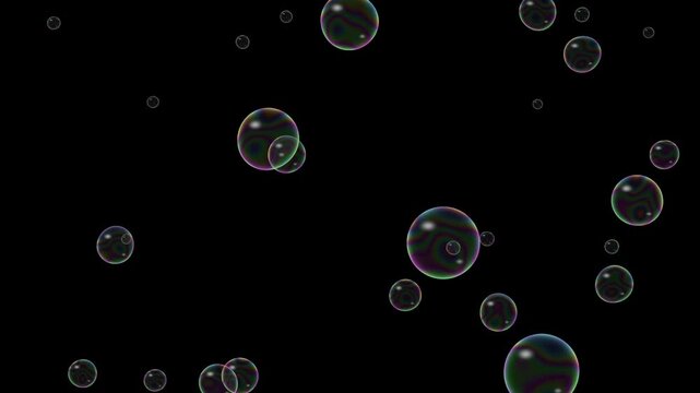 Floating soap bubbles rising slowly across black background with iridescent rainbow sheen