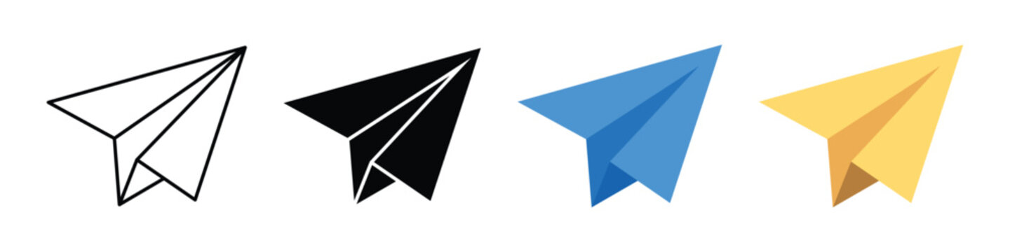 Paper plane icon set. Blue and yellow airplane logo. Send message symbol. Email, letter, telegram, origami aircraft, travel pictogram, online chat and digital communication vector illustration.