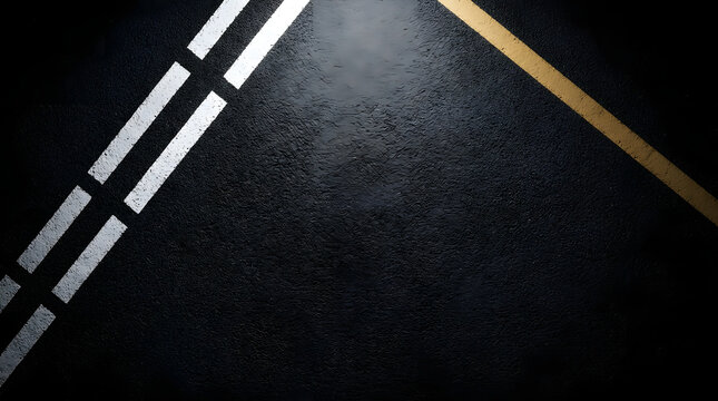 Abstract dark textured asphalt road surface illuminated by a bright overhead spotlight, featuring two diagonal parallel dashed white lines on the left side and a single solid gold stripe on the right