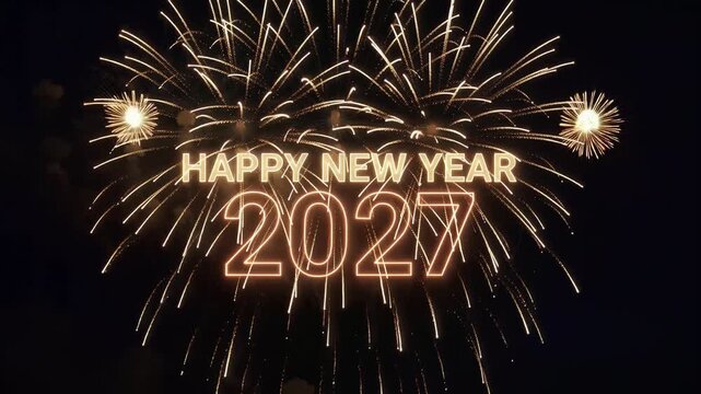 Happy new year 2027 with glowing text and fireworks in dark sky