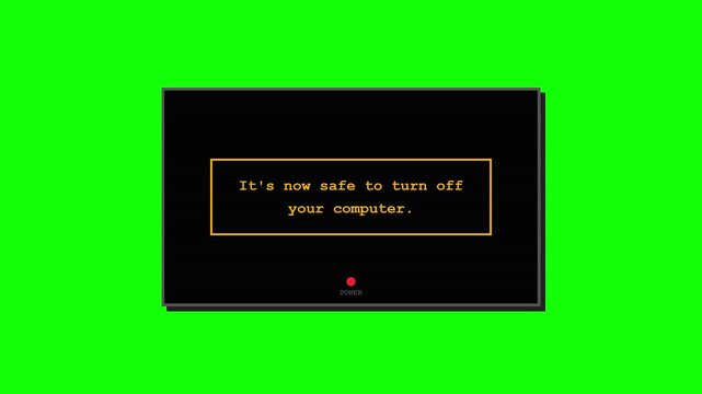 Retro black screen with orange text saying it is now safe to turn off your computer on green screen background, representing shutdown, power off, and vintage computer.