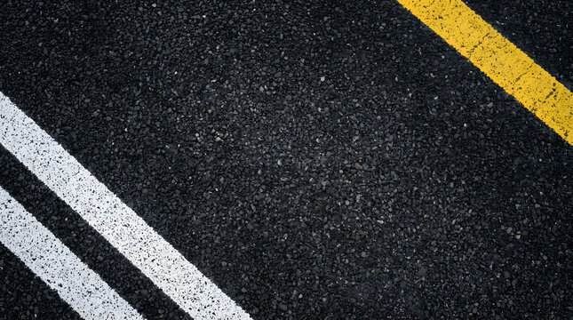 High angle close up photograph of a textured dark gray asphalt road surface featuring two parallel solid white painted lines in the lower left corner and a vibrant yellow stripe across the upper right