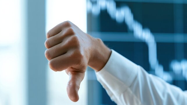 Financial Downturn: A close-up shot of a person giving a thumbs-down gesture in front of a blurred stock market graph showing a downward trend.
