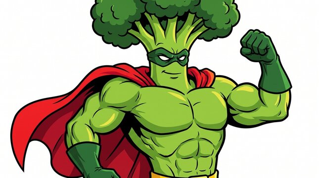 Superhero broccoli character with cape and mask vector illustration