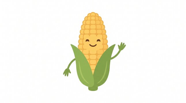 Smiling corn cob character with green husk and waving arms vector illustration