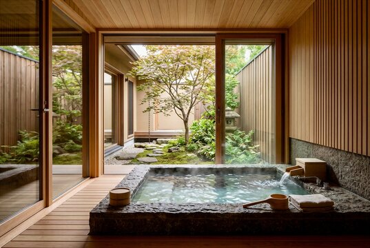 Japanese Spa Bathroom with Stone Soaking Tub and Peaceful Courtyard Garden