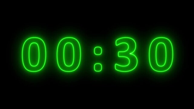 Vivid green neon digital clock displaying 00 minutes and 32 seconds with a bright glowing outline against a solid black background, signifying a countdown or elapsed time measurement