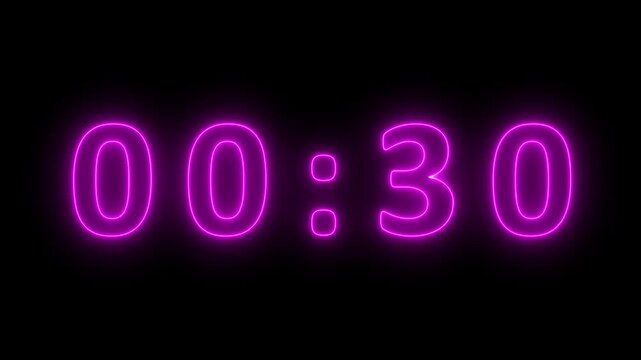 Electric purple neon digital clock showing 00 minutes and 32 seconds with a radiant glowing effect on a black background, timekeeping, countdowns, or futuristic interfaces