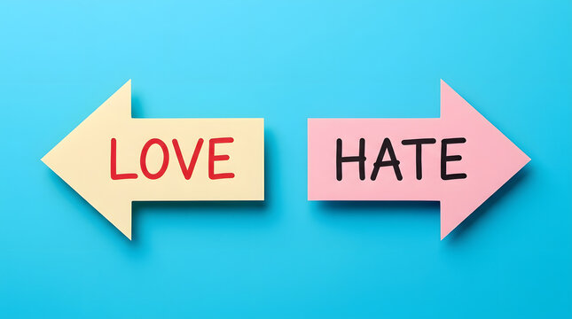 Two paper cut out arrows pointing in opposite directions on a bright cyan background featuring the words love written in red on the left yellow arrow and hate written in black on the right pink arrow