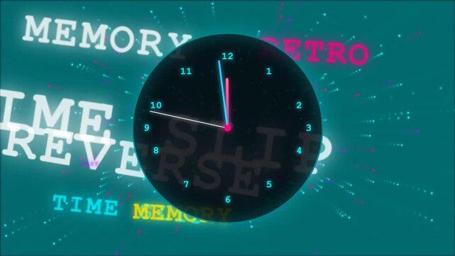 Flashback Rewind Memory Looking Backward in Time Text Animation, Central Clock with Counterclockwise Moving Hands, Space Warp Background, Time Travel, Past Memories and Cinematic Motion Graphics, 4K