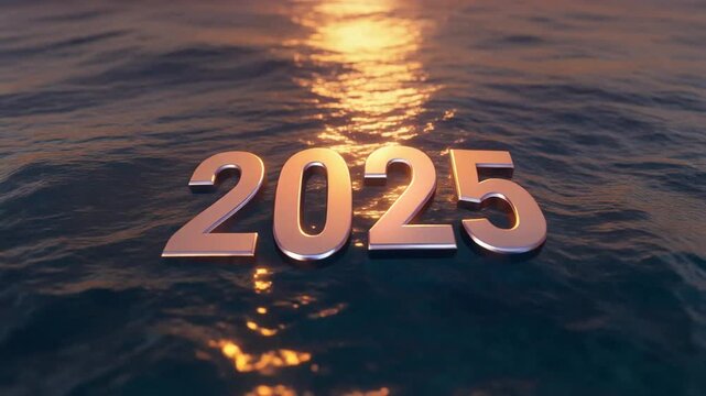 2025 metal numbers floating on ocean water with a sunset background