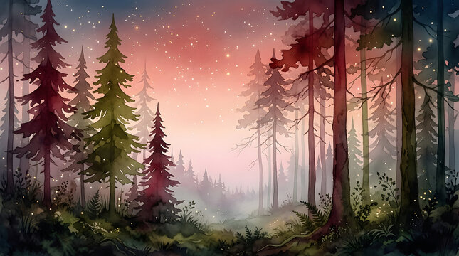Watercolor forest landscape with glowing fireflies at sunset