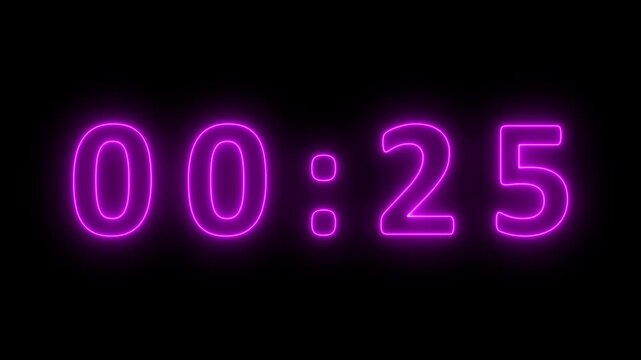 Vivid purple neon digital clock showing 00 27 with a radiant glow against a completely black background, highlighting the illuminated digits