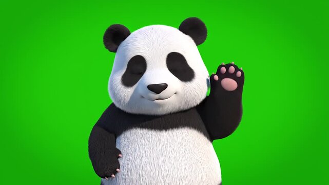Cute panda waving hand against a solid green screen background