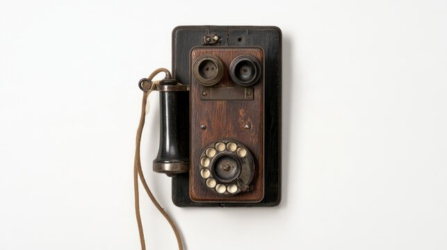Antique Wall Telephone: A vintage rotary dial telephone, crafted from wood and metal, mounted on a wall, evokes a sense of history and classic communication technology.