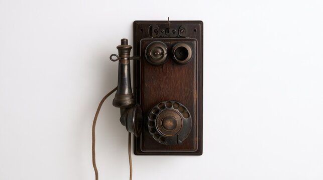 Vintage Wall-Mounted Telephone: A relic of the past, this antique wall-mounted telephone showcases intricate craftsmanship with its wooden base, rotary dial, and classic handset.