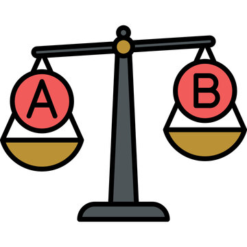 A clean vector illustration of a weighing scale balancing options A and B featuring a flat color palette of red yellow grey and black on a dark background