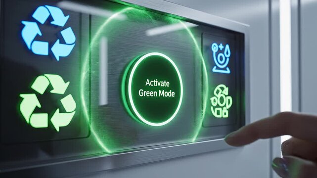 Finger pressing green energy button on a futuristic digital control panel wall