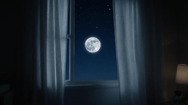 Full moon glowing through an open bedroom window at night with stars in sky