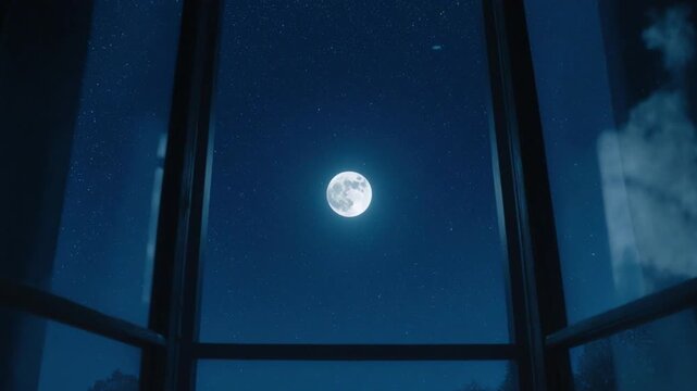 Full moon shining bright through an open window at night under a starry sky