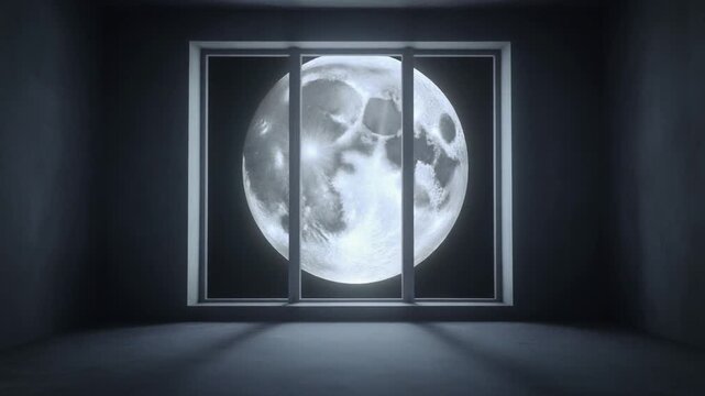 Full moon shining through a modern window in a dark empty room at night