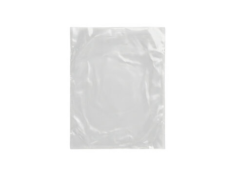 Transparent plastic bag with crumpled interior resting on a neutral surface.