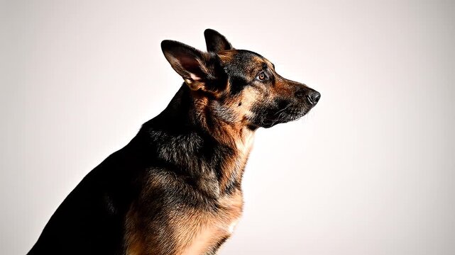 German Shepherd dog sitting alert in studio against a plain white background