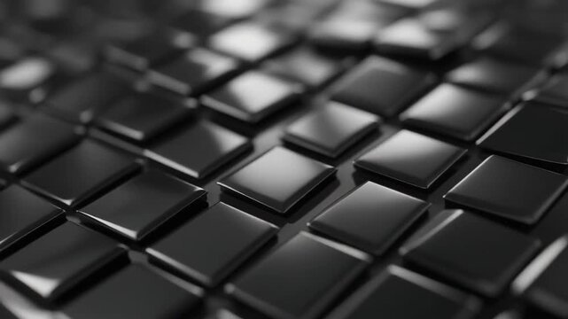 Glossy black cubes arranged in a grid with a blurred depth of field background