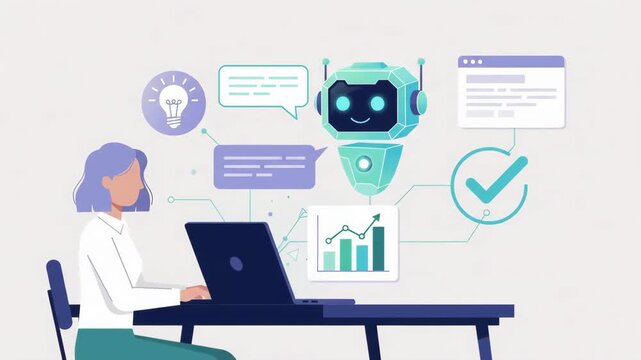 Businesswoman interacting with AI chatbot virtual assistant. Flat vector animation.