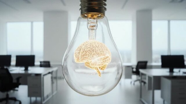 Glowing brain inside light bulb floating in a blurred modern office workspace