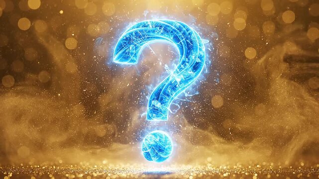 Glowing blue question mark floating in a golden abstract bokeh background