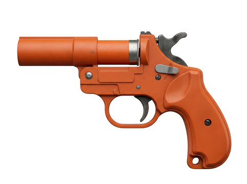 A bright orange revolver pistol showcases its trigger mechanism against a plain transparent backdrop.