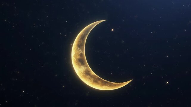 Golden crescent moon shining brightly in the dark night sky with twinkling stars