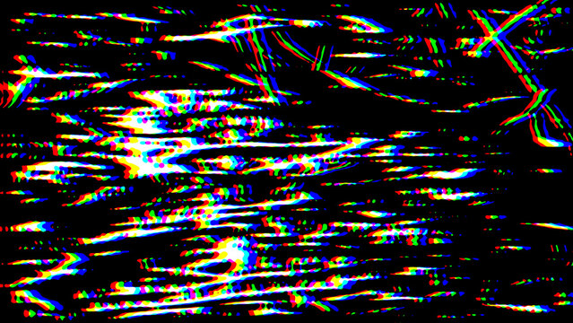 Glitch effect abstract background with RGB color split and distorted lines on black.