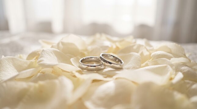 Wedding rings rest among white rose petals soft focus