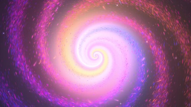 Pink and orange glitter particles swirl around a glowing white core, neon spiral galaxy vortex background