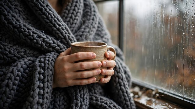 Cozy hands holding warm drink wrapped in blanket by rainy window