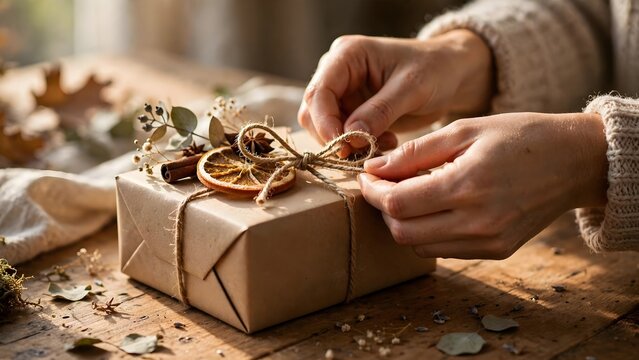 Hands wrapping a gift box with festive natural decorations