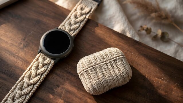 Modern accessory set with knitted watch band and case on wooden surface