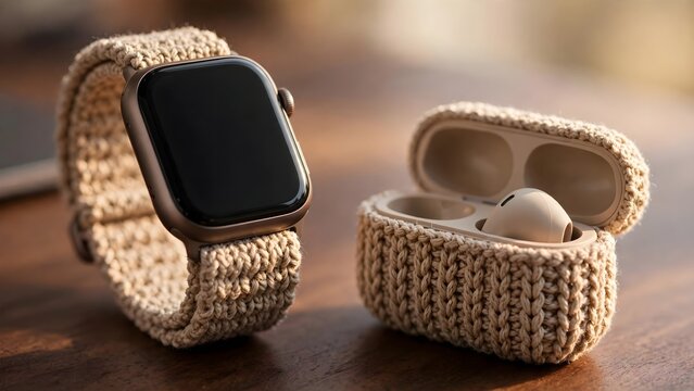 Modern smart watch and wireless earbud case with woven textured accessories