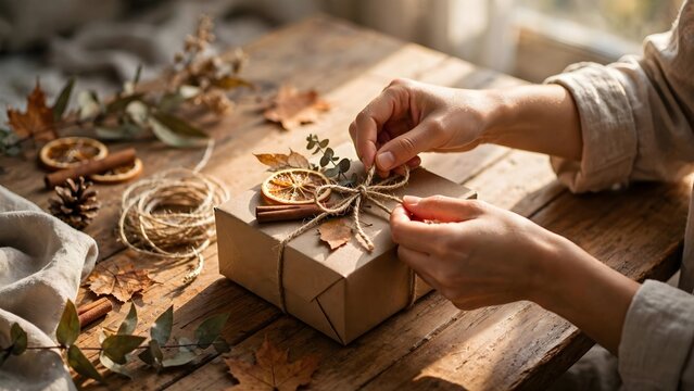 Person tying ribbon on a handmade gift box with dried leaves and cinnamon