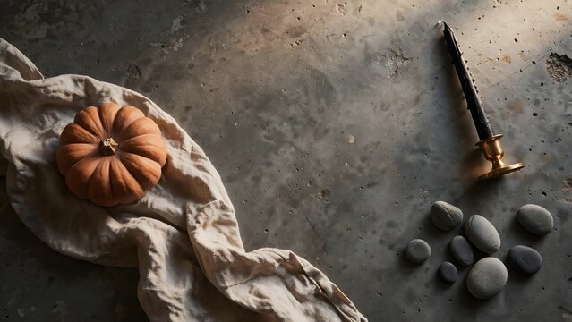 Small pumpkin and candleholder on textured surface with natural light